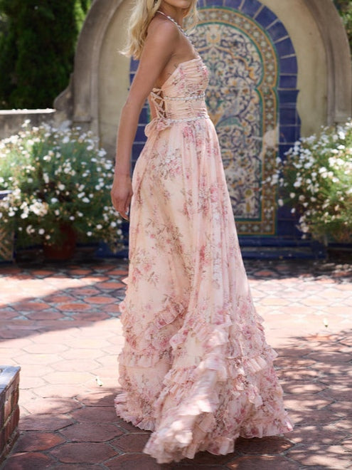 Flowering Girl Women Floral Faux Pearl Frill Split Maxi Dress