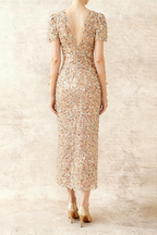 Embroidery v -Neck Midi Dress In Beige