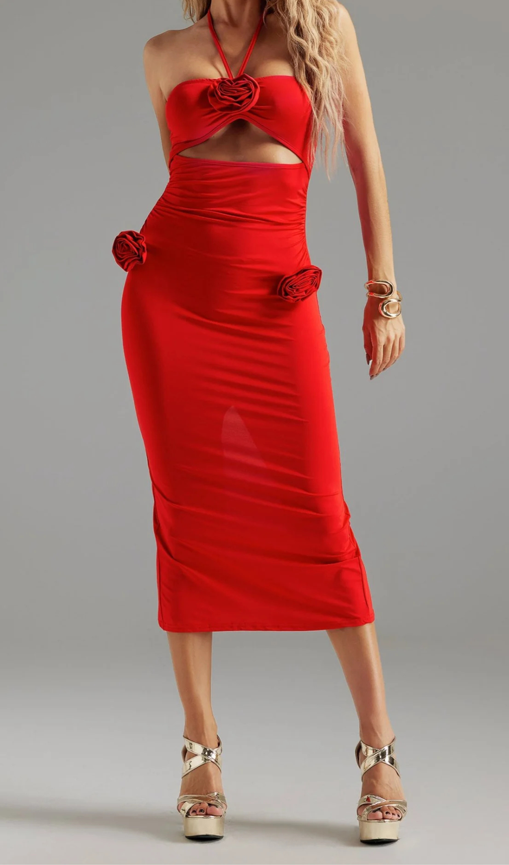 Flowering Girl Women Flower Halter Cut Out Dress in red