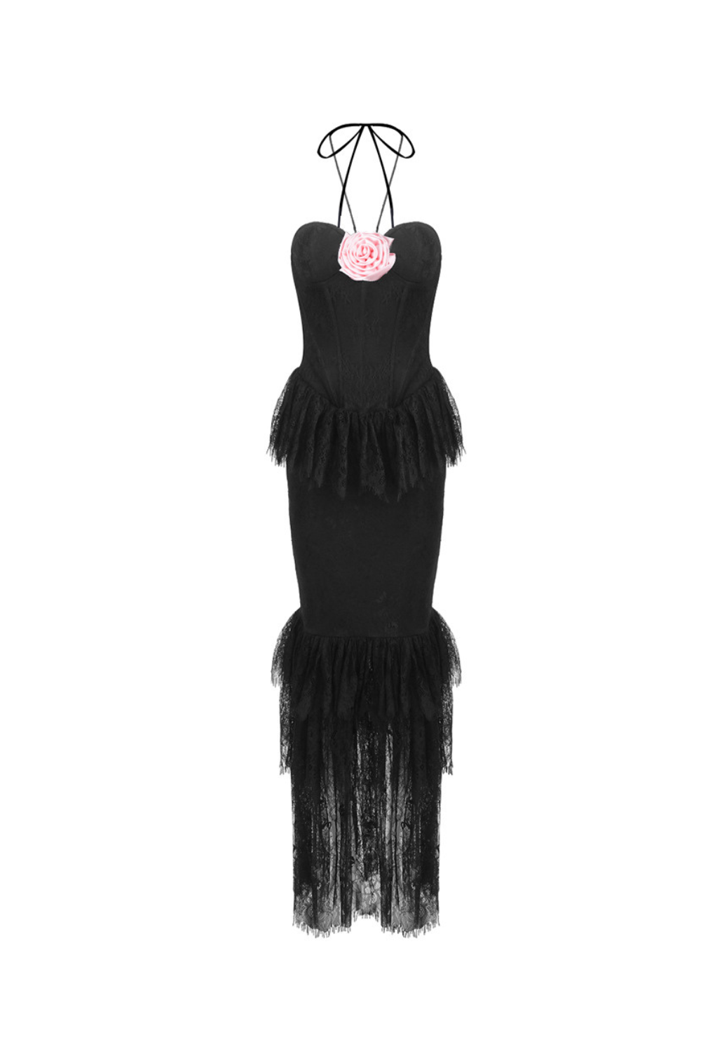 Flowering Girl Women Lace Tiered flower Strapless Maxi Dress in black