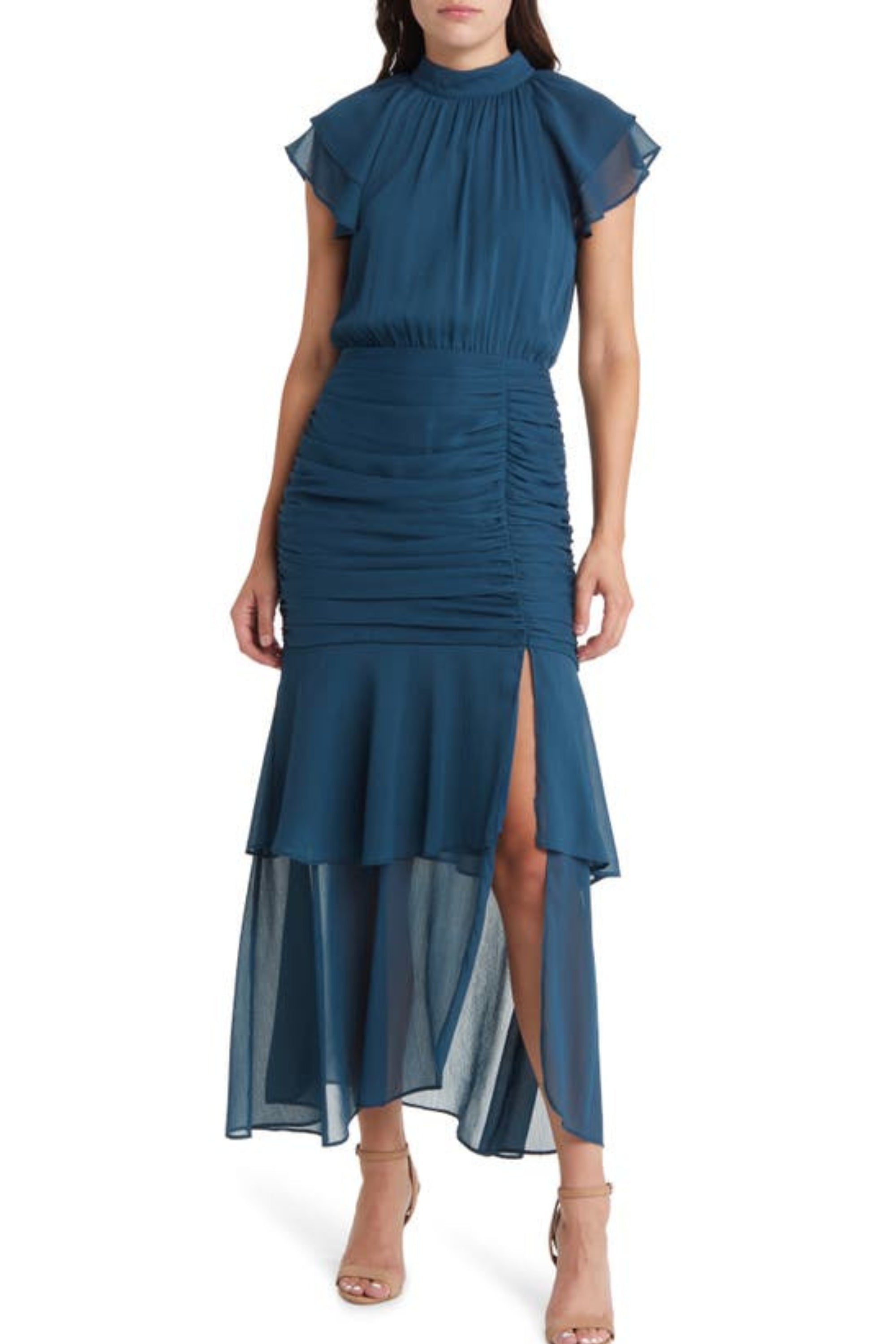 Flowering Girl Women Ruched Ruffle Chiffon Maxi Dress In Teal