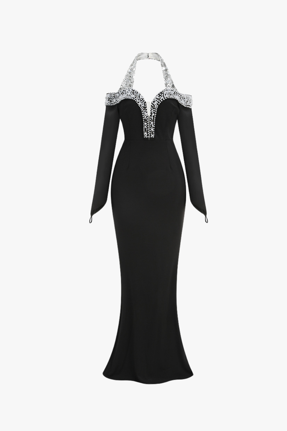 Flowering Girl Women Halter Pearl Crystal-Trim Gown in black