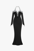 Flowering Girl Women Halter Pearl Crystal-Trim Gown in black