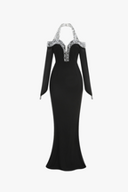 Flowering Girl Women Halter Pearl Crystal-Trim Gown in black