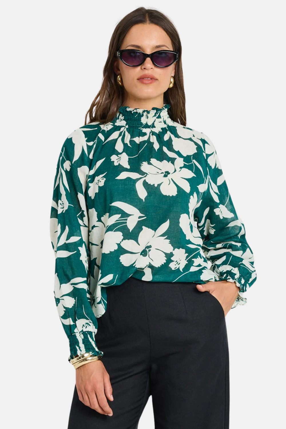 Flowering Girl Women Affection Forest Floral Shirred High Neck Ls Top