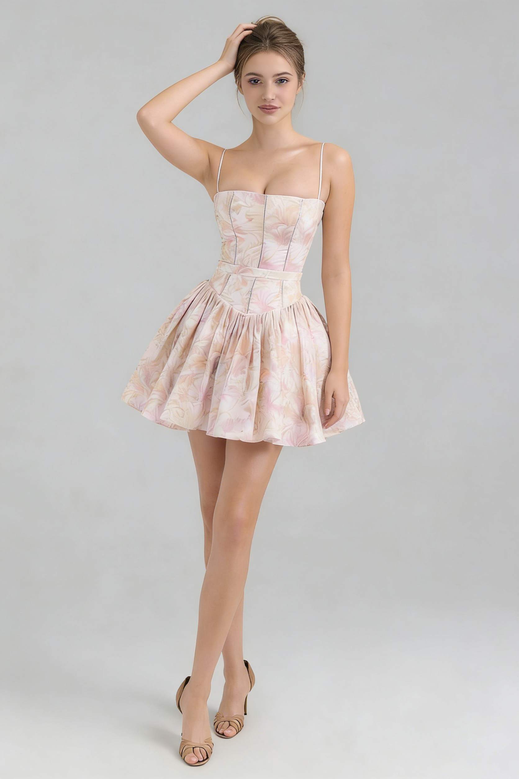 Helen Floral Stretch Cotton Mini Dress - Peach
