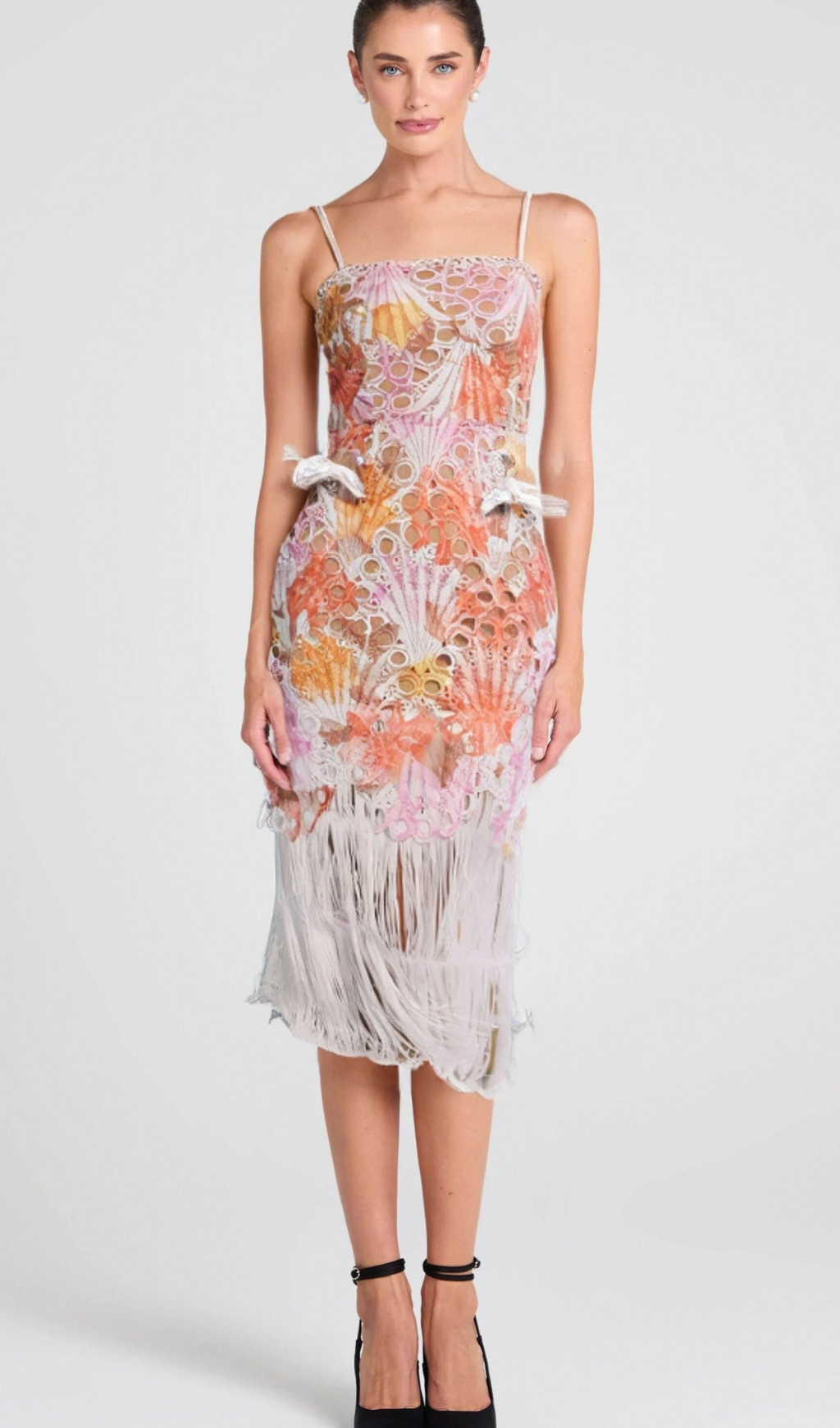 MULTICOLOR EMBROIDERED HOLLOW FRINGE MIDI DRESS