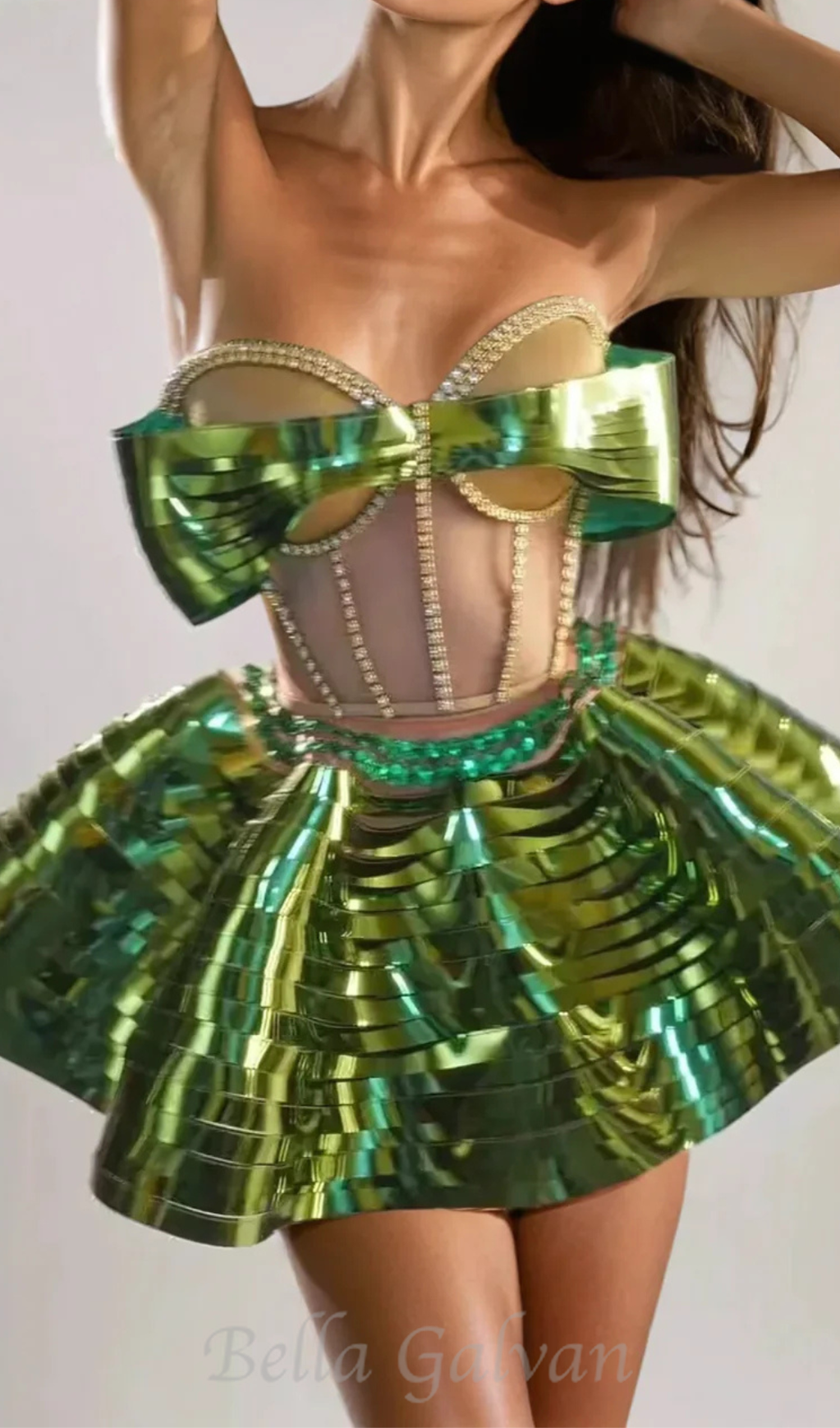 Flowering Girl Women Crystal Metallic Skirt Set In Green