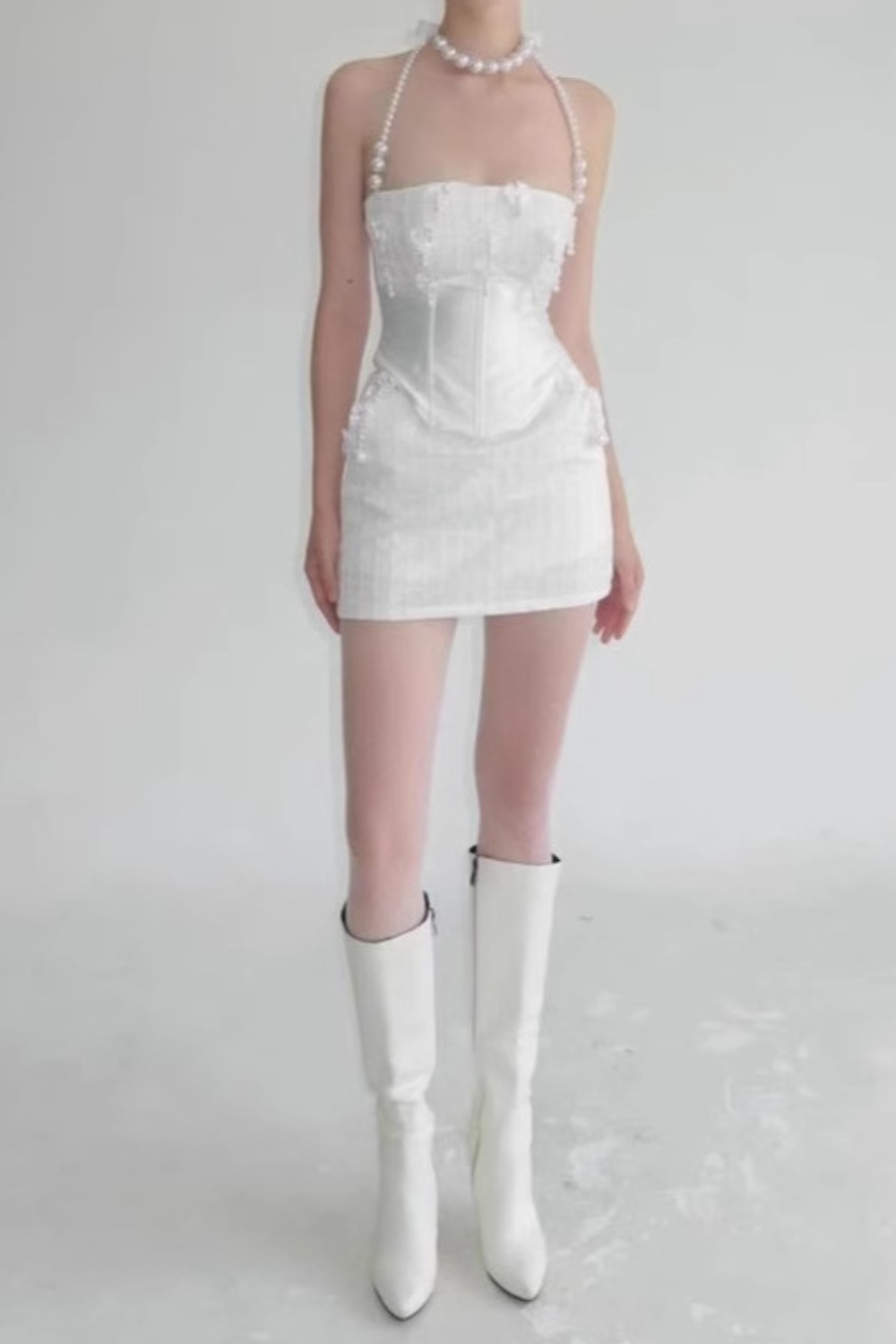 Flowering Girl Women pearl fishbone wrap top skirt set in white