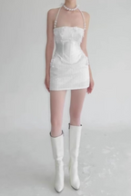 Flowering Girl Women pearl fishbone wrap top skirt set in white