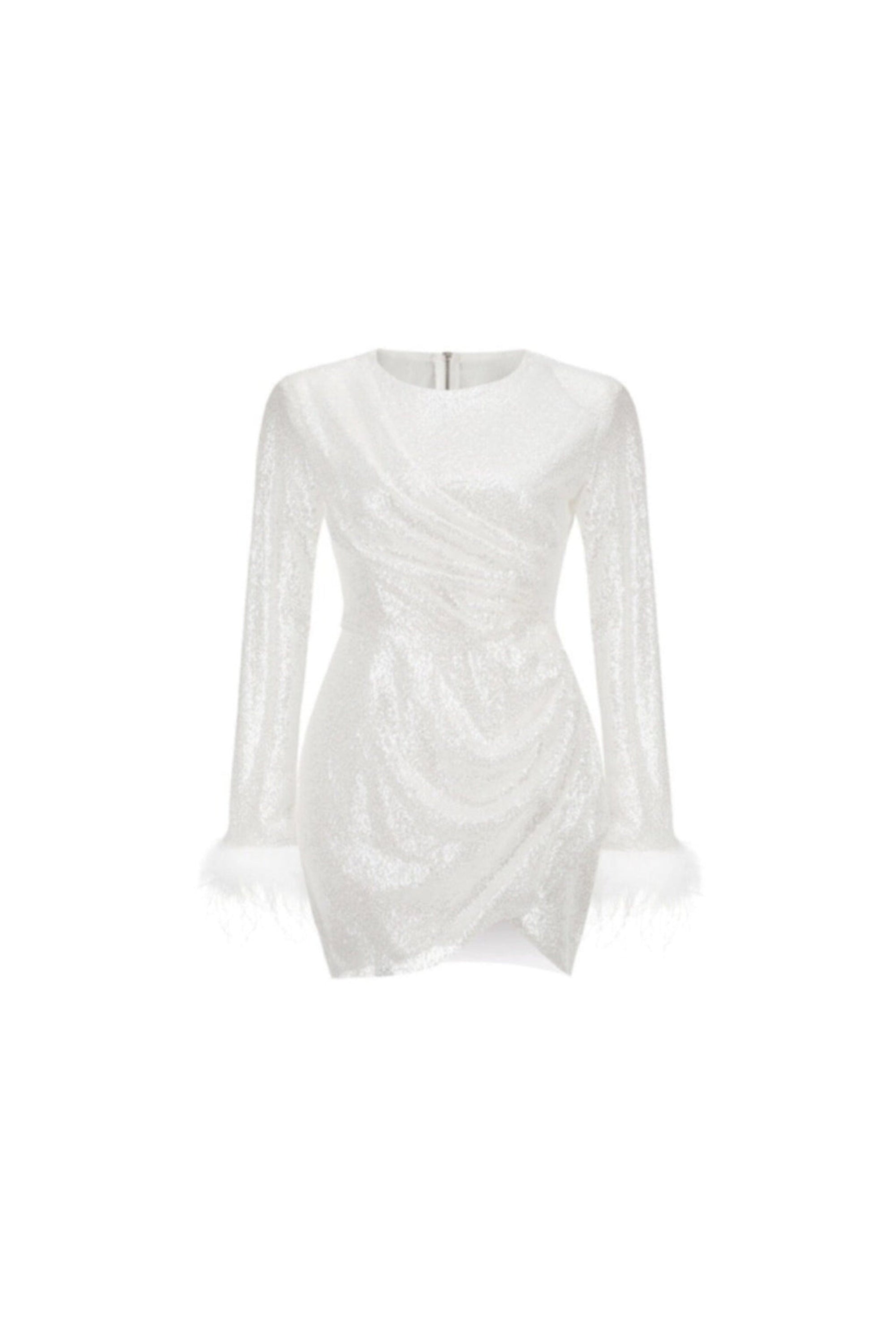 Flowering Girl Women Sequined Feather Mini Dress In White