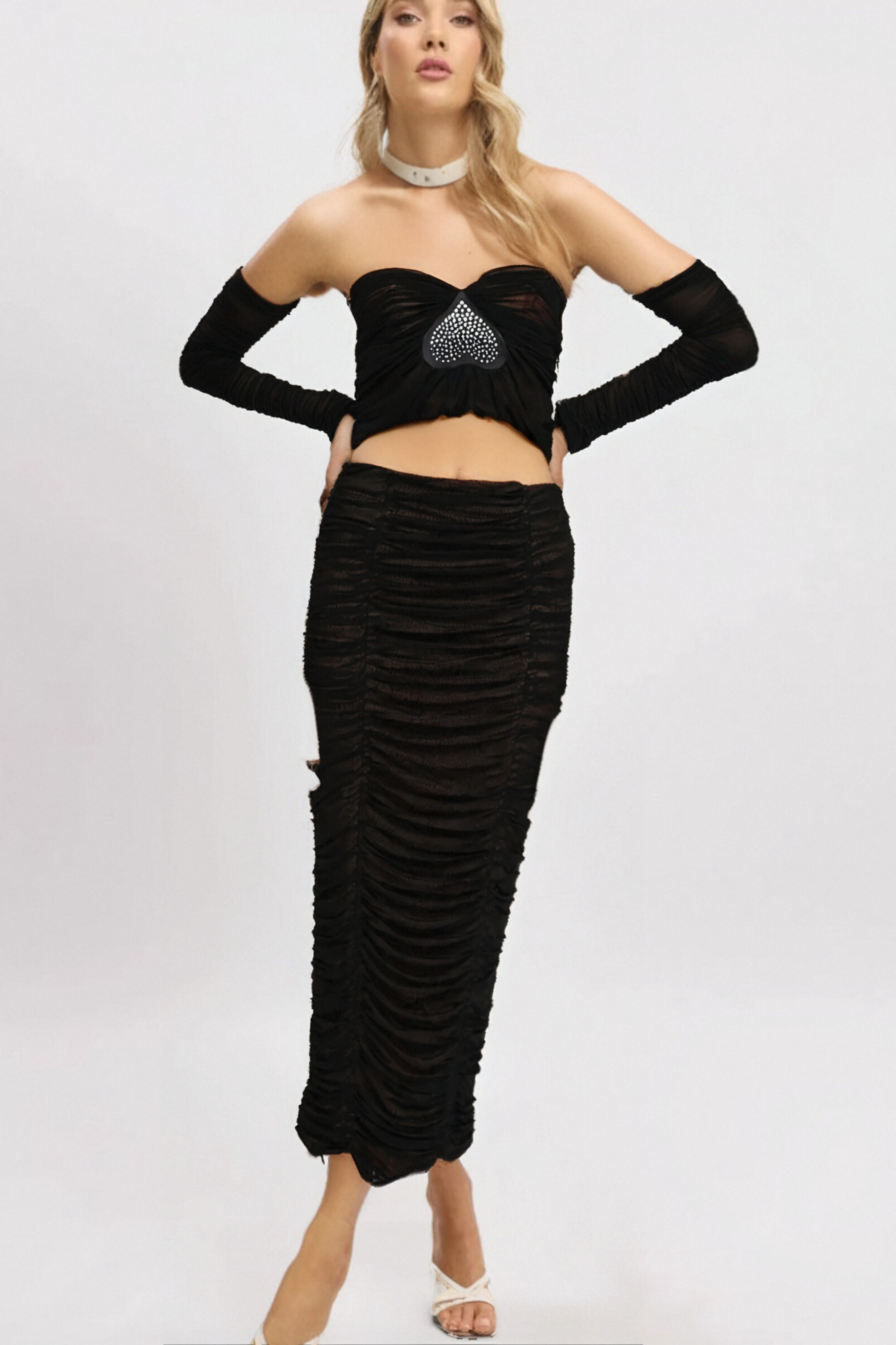Flowering Girl Women Gwenonwy Black Ruched Mesh Top & Skirt Matching Set