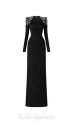 Flowering Girl Women crystal-embellished black long sleeve maxi dress