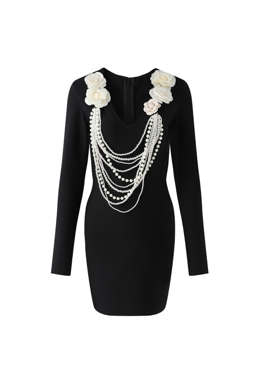 Flowering Girl Women alisa pearl flower embellished bandage mini dress in black