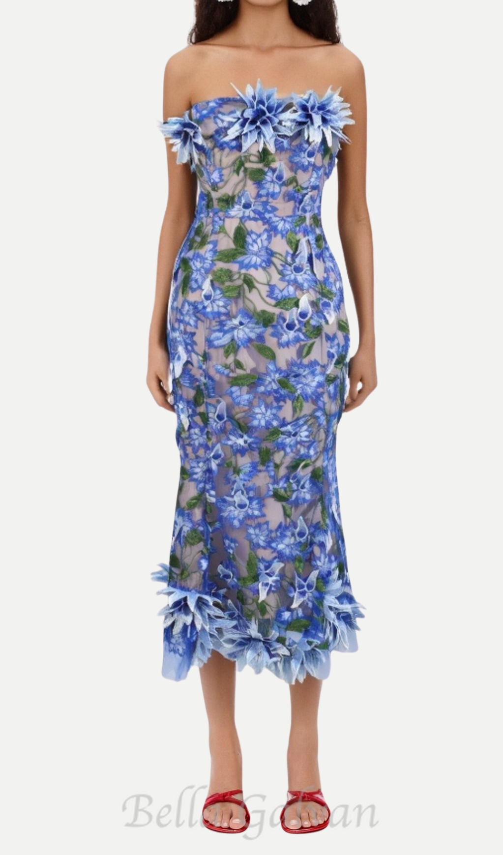 Flowering Girl Women 3D flower embroidery strapless midi dress in blue