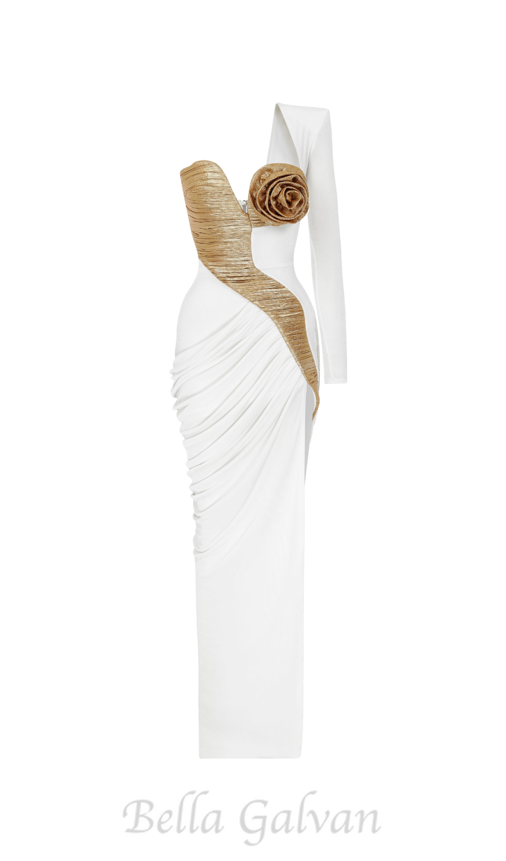 Flowering Girl Women Rose Details High Sut Maxi Dress in gold white