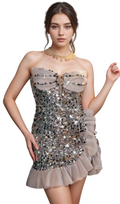 Flowering Girl Women amanda Onuris Ruffle Sequin Mini Dress in grey
