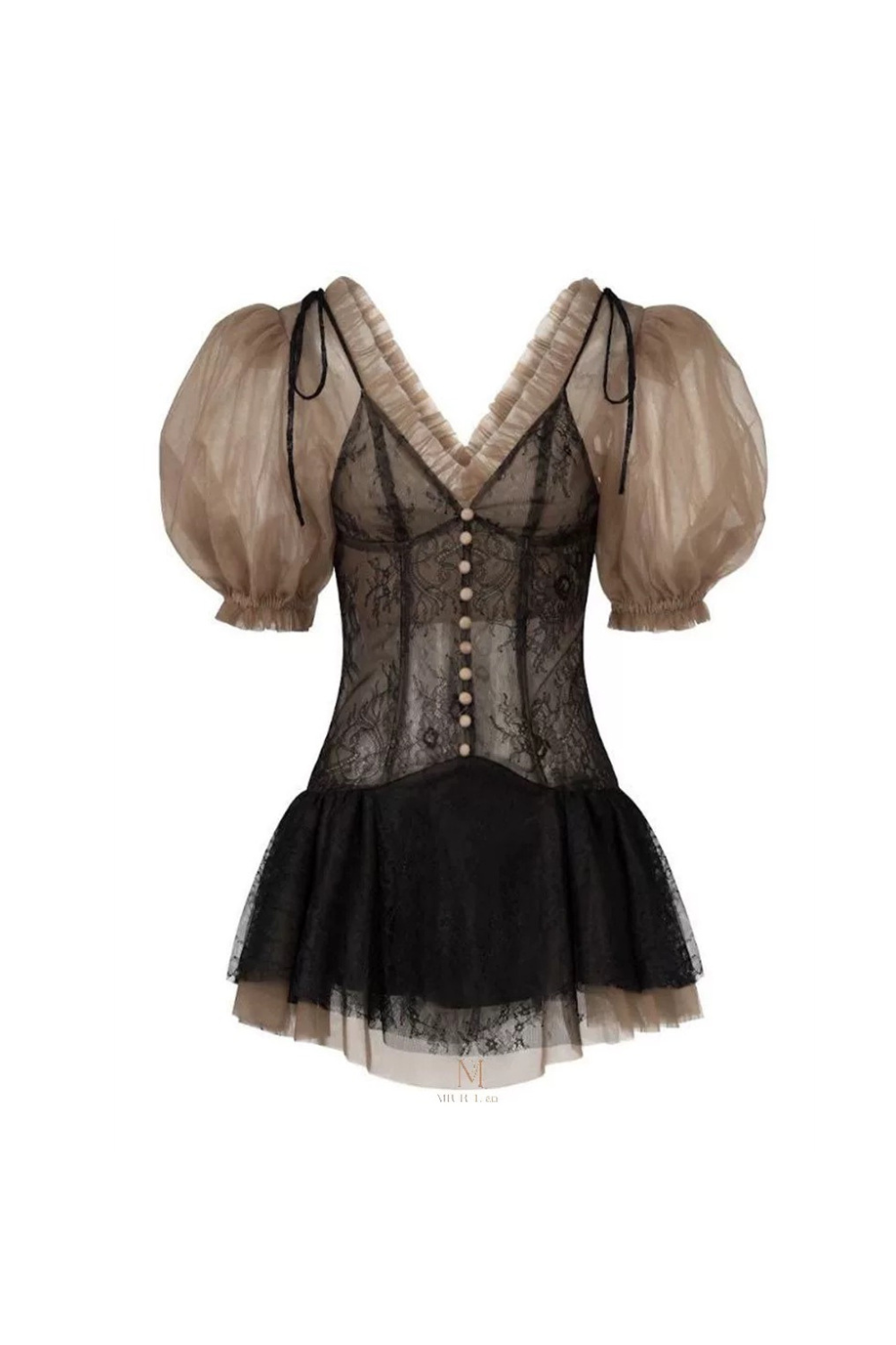 Flowering Girl Women puff sleeve top lace skirt set in black