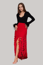 Flowering Girl Women CIRCLE CUTOUT FRINGE SKIRT IN RED