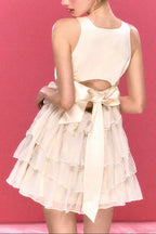 Flowering Girl Women Beige Bow Tiered Mini Dress
