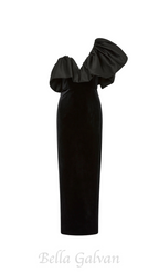 Flowering Girl Women One Shoulder Puff Sleeve maxi Dress in black