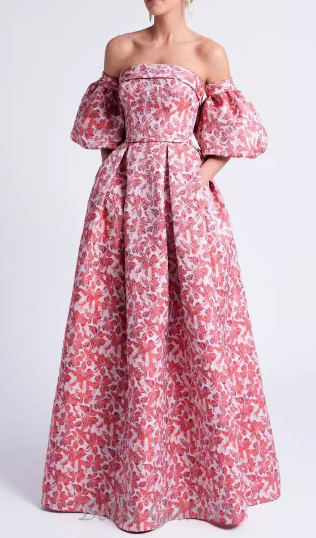 Flowering Girl Women peach Printed Lantern Sleeve Maxi Dress