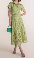 Flowering Girl Women guipure mesh midi skirt cropped set in green