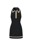 Flowering Girl Women pearl embellished gold chain splice mini dress in black