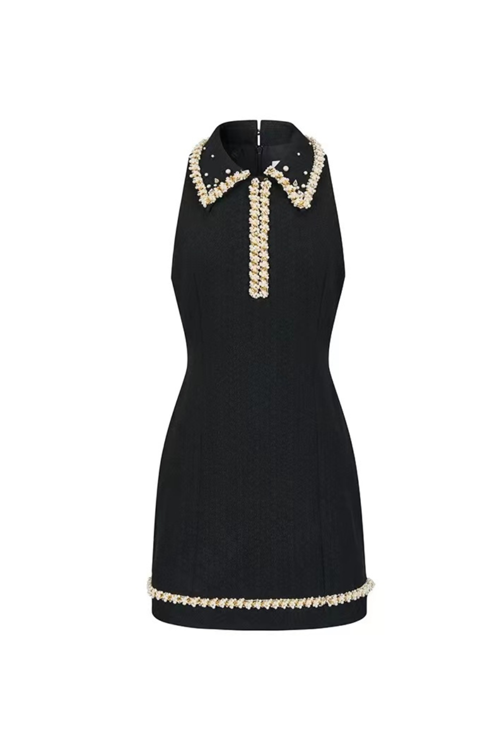 Flowering Girl Women pearl embellished gold chain splice mini dress in black