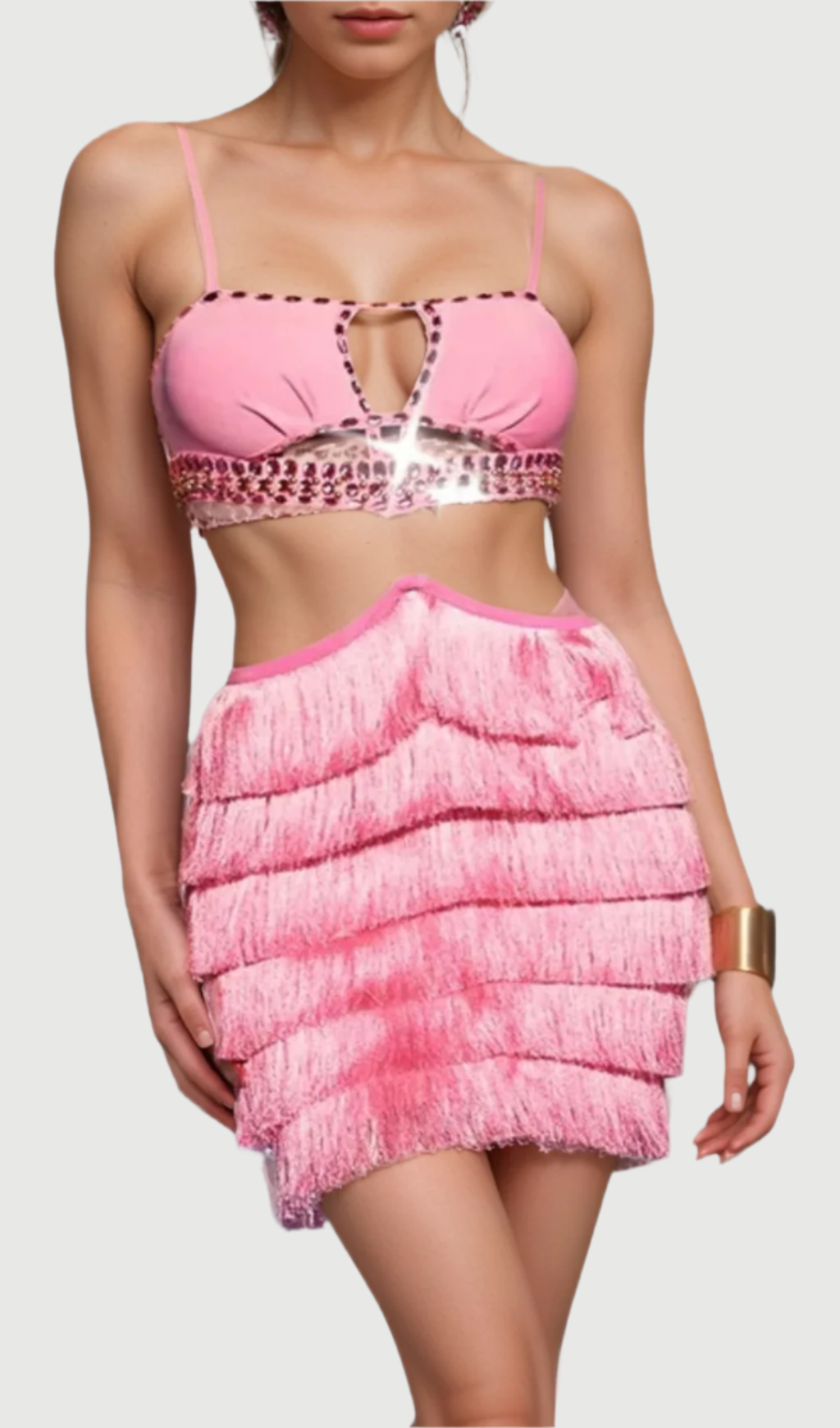 Flowering Girl Women PINK RHINESTONE CUTOUT FRINGE DRESS