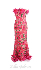 Flowering Girl Women 3D flower embroidery strapless midi dress in rose red