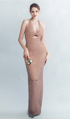 Flowering Girl Women HALTERNECK HOLLOW RHINESTONE MIDI DRESS
