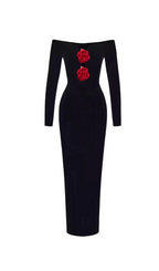 Flowering Girl Women Zanna Off Shoulders Flowers Velvet Maxi Dress In Black