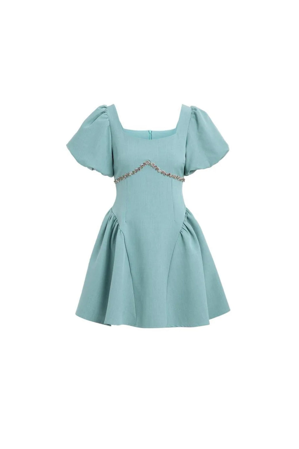 Flowering Girl Women Puff Sleeves Waist-Tightening Mini Dress In Green