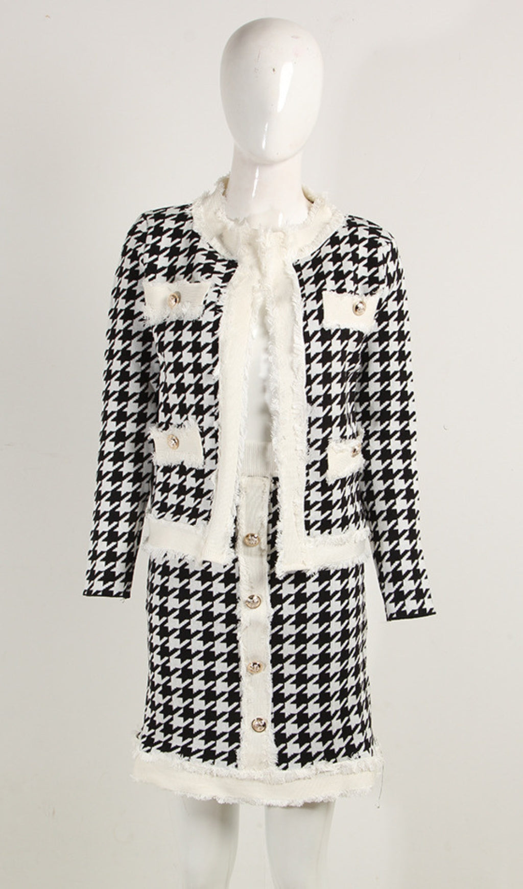Flowering Girl Women Houndstooth Knitted Skirt Set