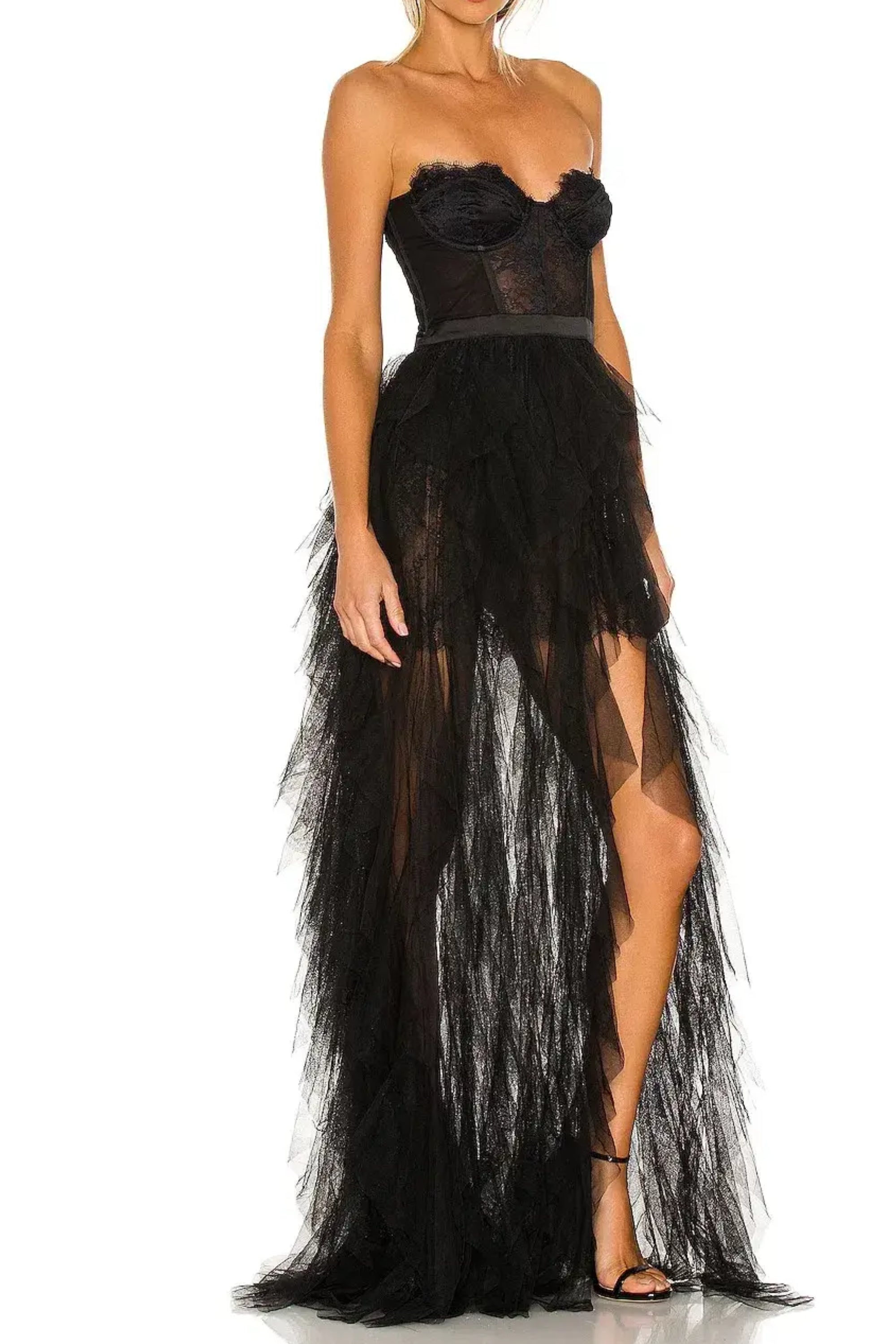 Flowering Girl Women Black Strapless Lace Patchwork Mesh Maxi Dress
