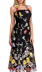 Flowering Girl Women Halter Embroider Floral midi Dress in black