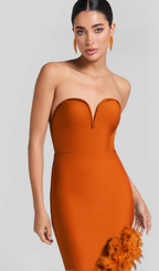 Flowering Girl Women OSTRICH FEATHER BANDAGE DRESS WITH V-NECKLINE IN BROWN