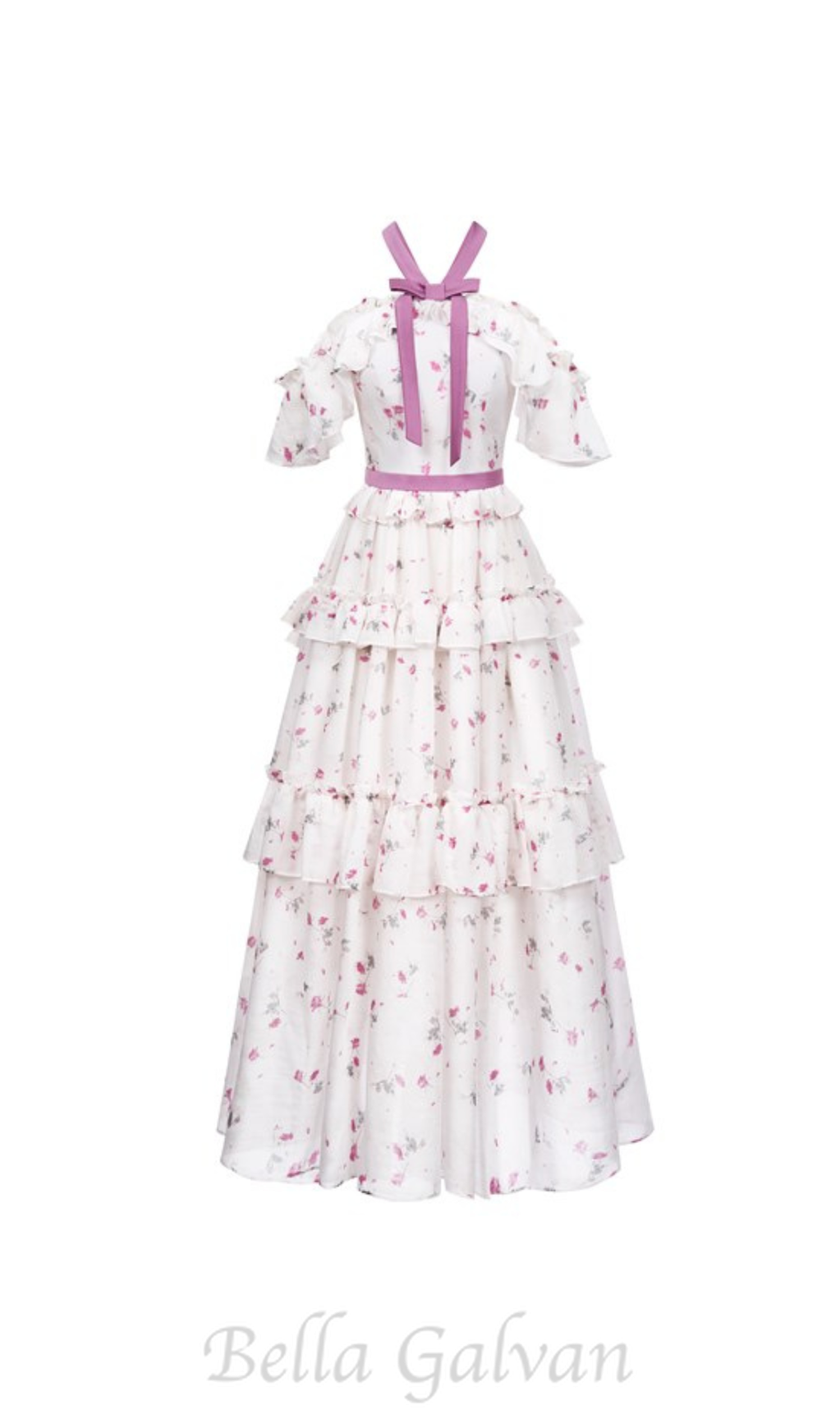 floral print bow collar ruffle flared maxi dress