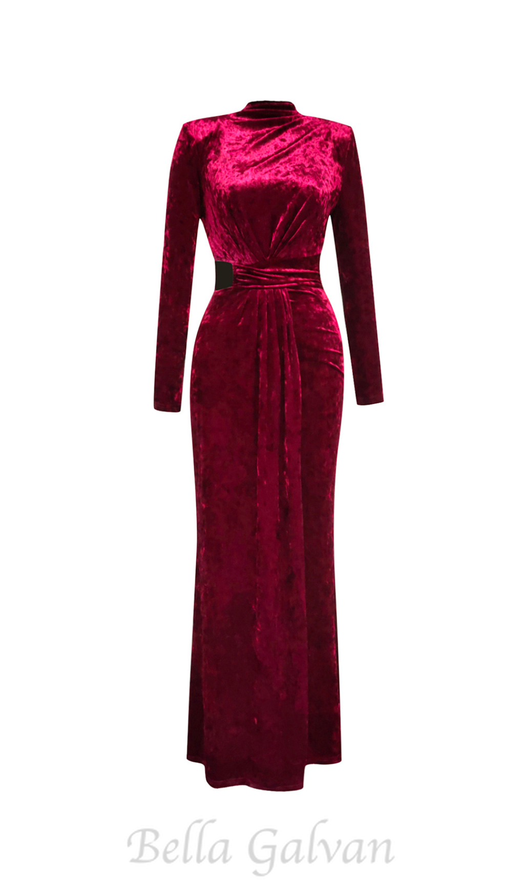 Flowering Girl Women Velvet High Neck Hollow Waist maxi Dress in burgundy