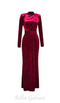 Flowering Girl Women Velvet High Neck Hollow Waist maxi Dress in burgundy
