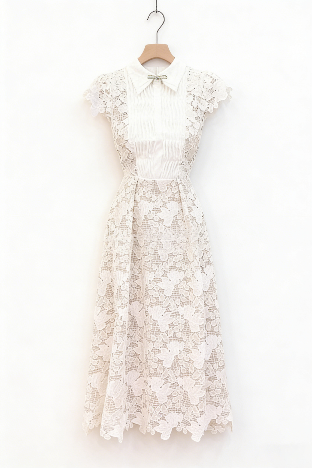 Leila White 3D Flower Embroidery Bow Lace Midi Dress