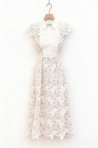 Leila White 3D Flower Embroidery Bow Lace Midi Dress