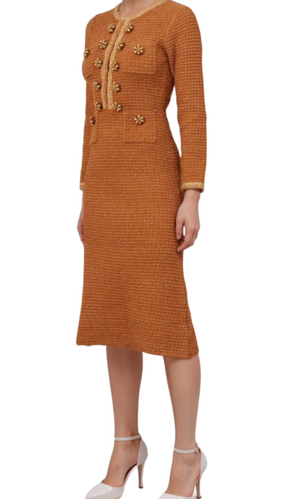 Flowering Girl Women amelia braided-edge tweed midi dress in brown
