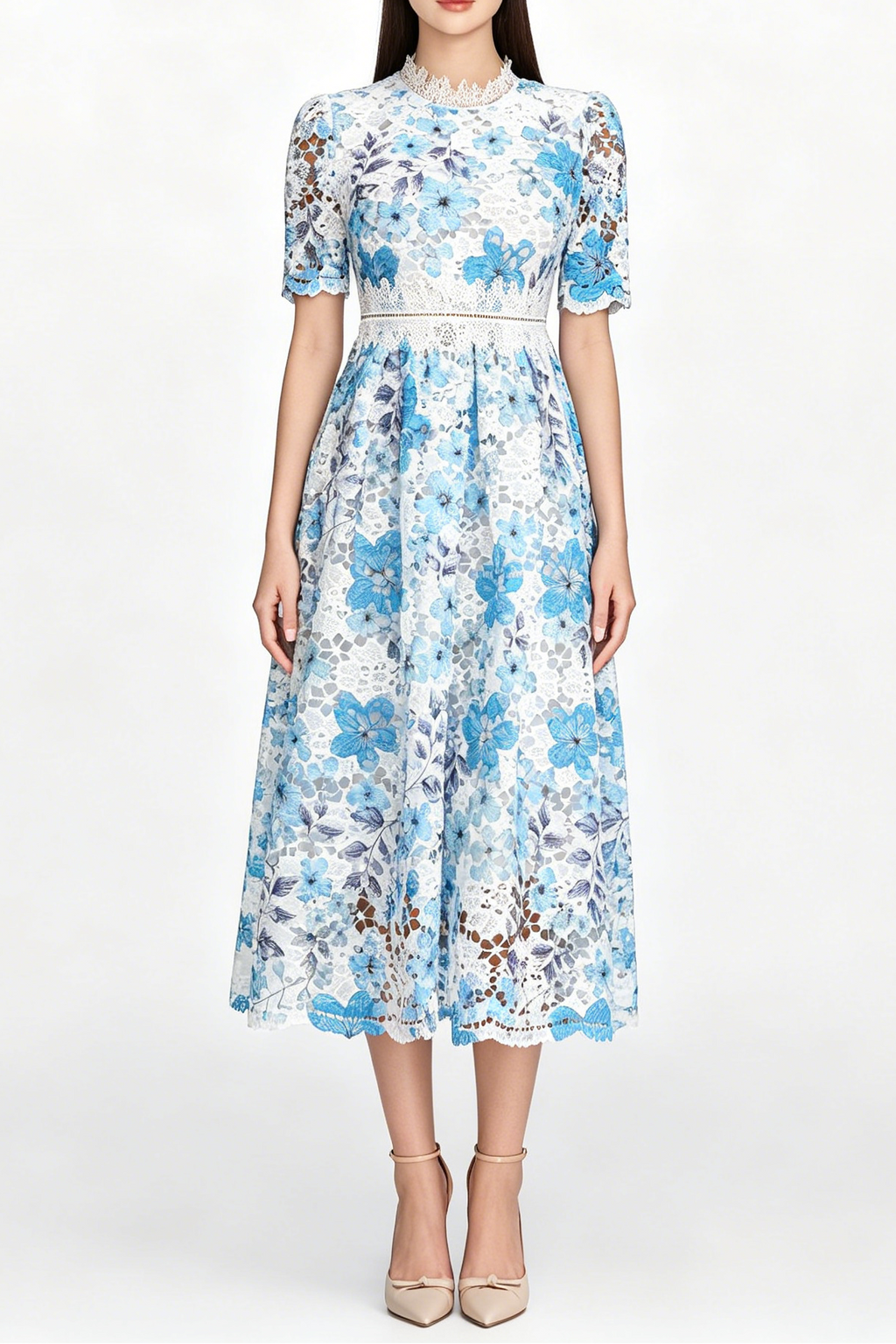 Flowering Girl Women Blue Floral Hollow Lace High Neck Short Puff Sleeve Midi A-Line Dress