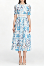 Flowering Girl Women Blue Floral Hollow Lace High Neck Short Puff Sleeve Midi A-Line Dress