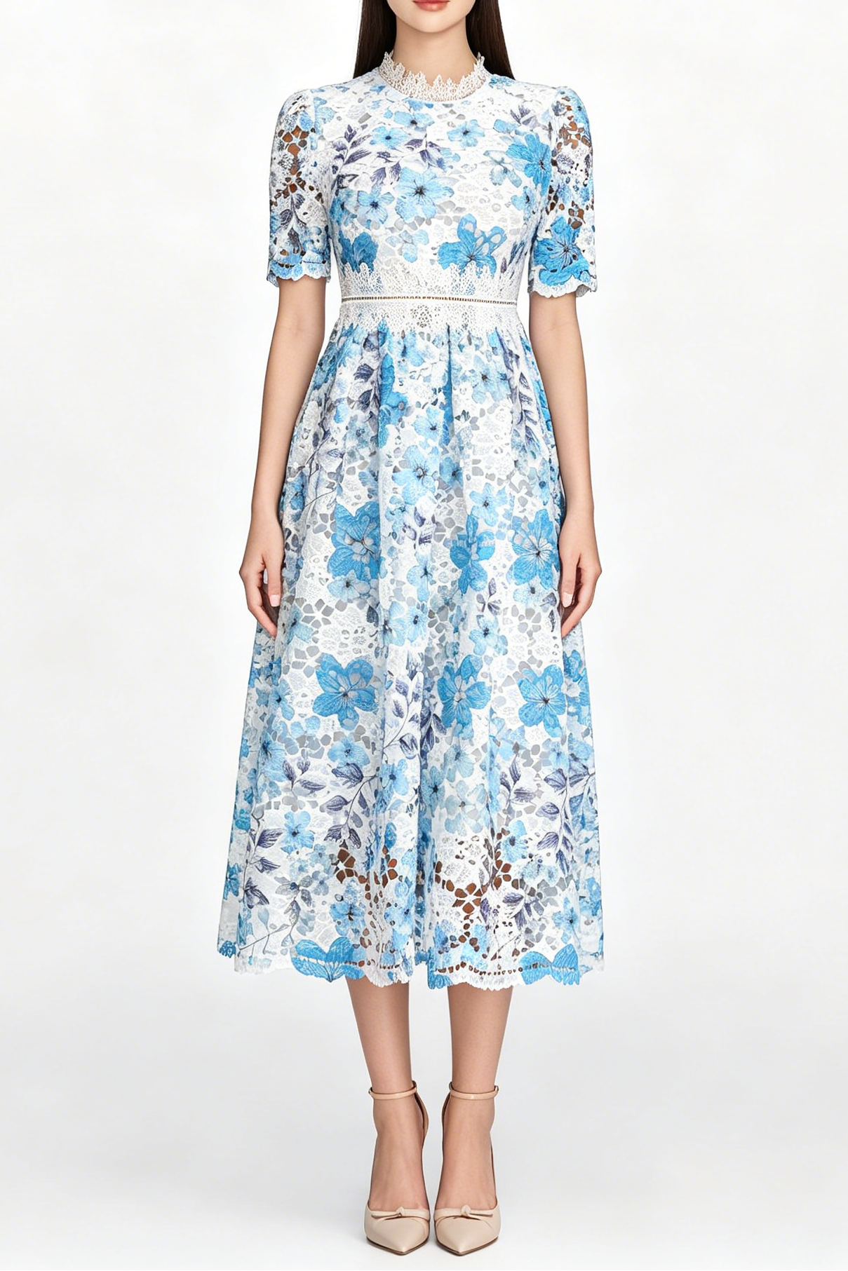 Flowering Girl Women Blue Floral Hollow Lace High Neck Short Puff Sleeve Midi A-Line Dress