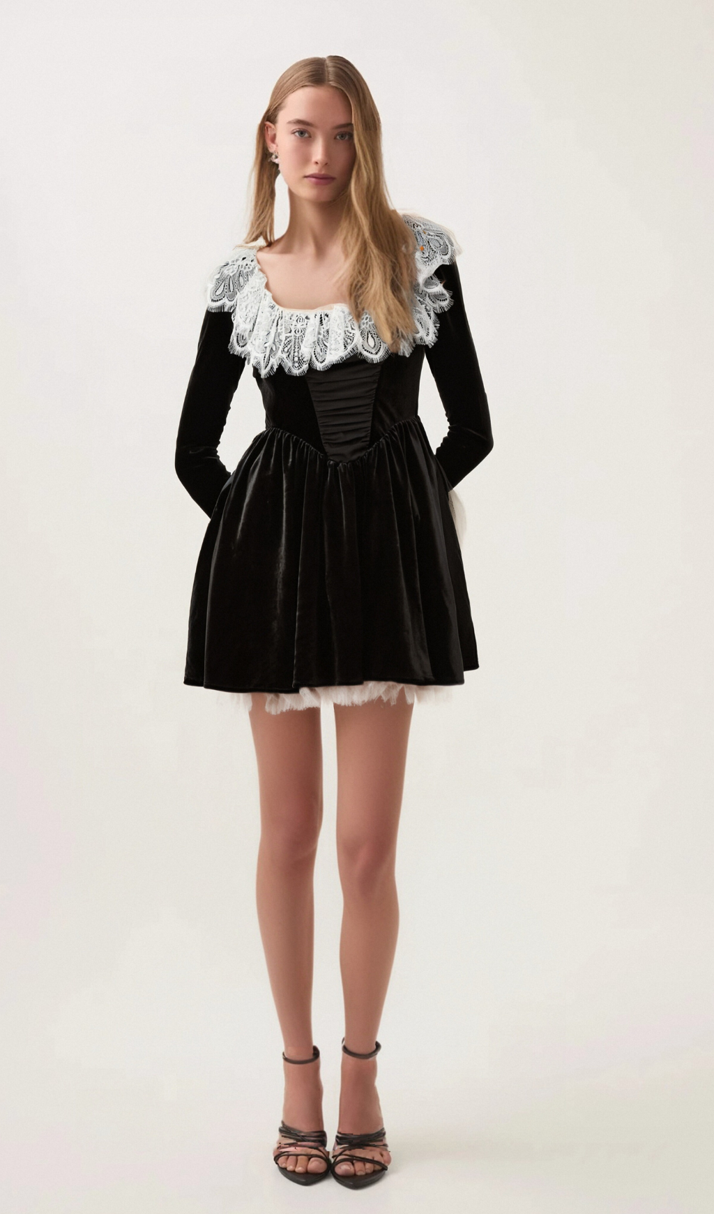 Flowering Girl Women Fabiana black lace-trimmed velvet mini dress