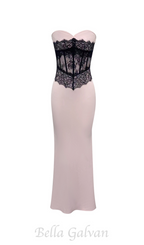 Flowering Girl Women Strapless black Lace Corset Maxi Dress in pink