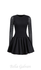 Flowering Girl Women Lace Patchwork Puff Mini Dress in black